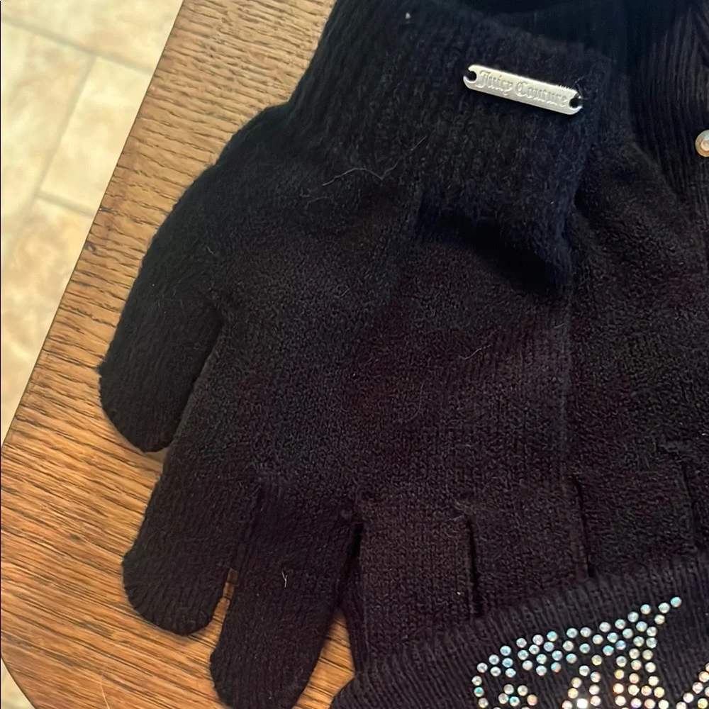 Juicy Couture Black Rhinestone Beanie Hat & Gloves set